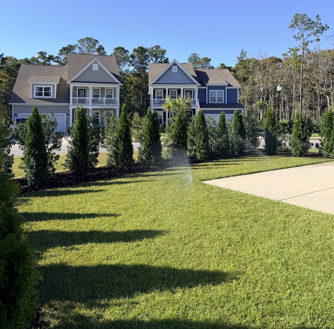 Two homes behind a row of evergreens and a healthy green lawn