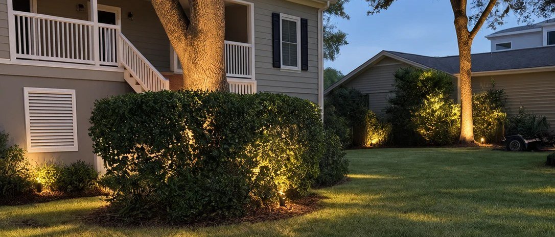 Landscape lighting glowing up through a hedge and oak trees beside a home at dusk